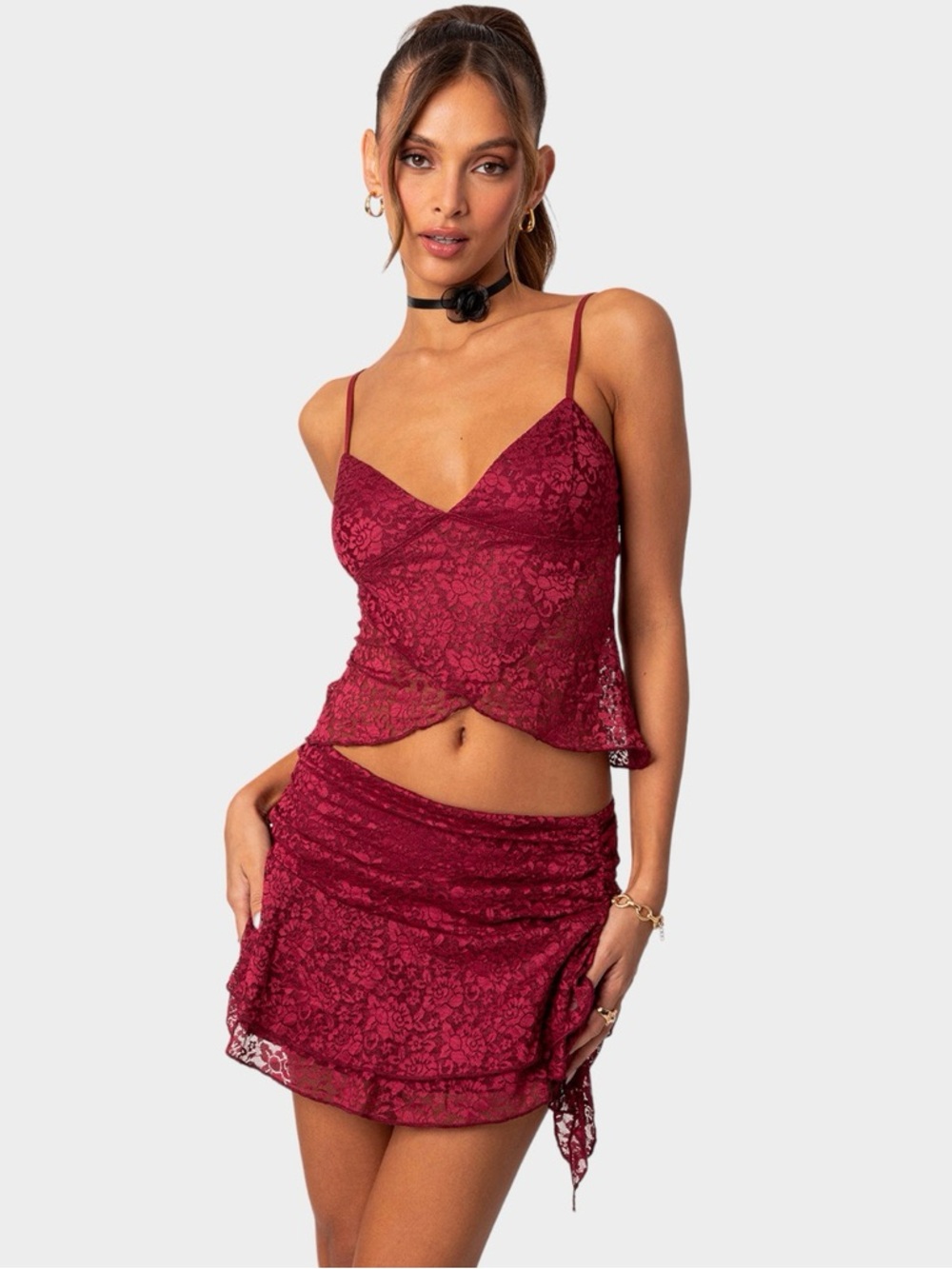 Edikted Red Floral Lace Tiered Mini Skirt